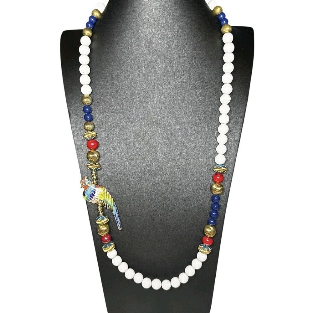 Vintage 1960's Gold Tone Handmade Cloisonné 3D Puffy Bird 30"Necklace Beaded EUC